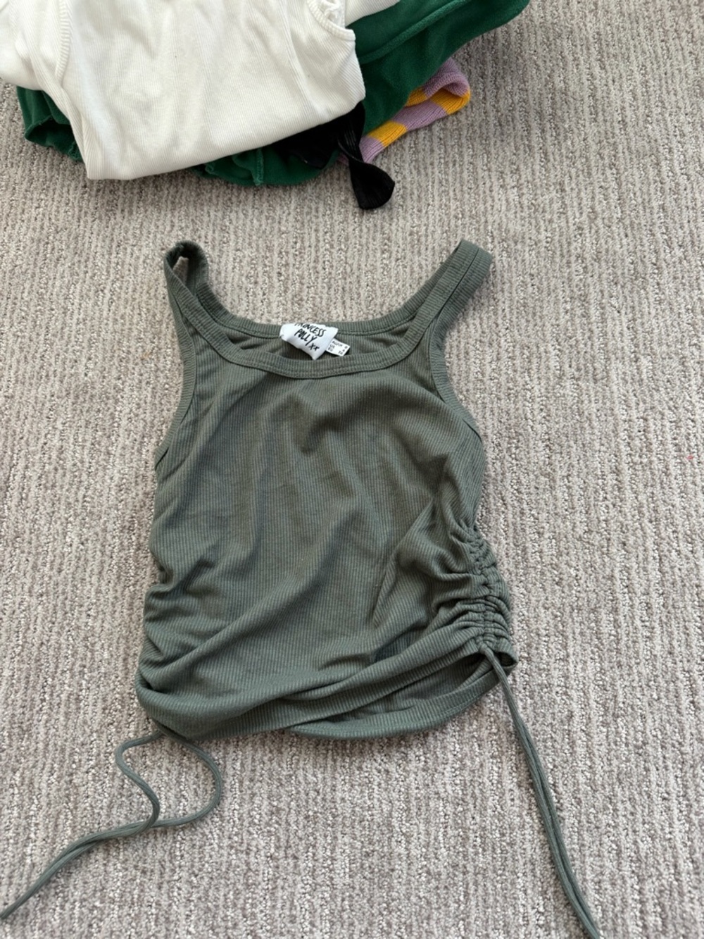 Princess Polly Ribbed Tank Top with Side Ruched Tie - Olive Green